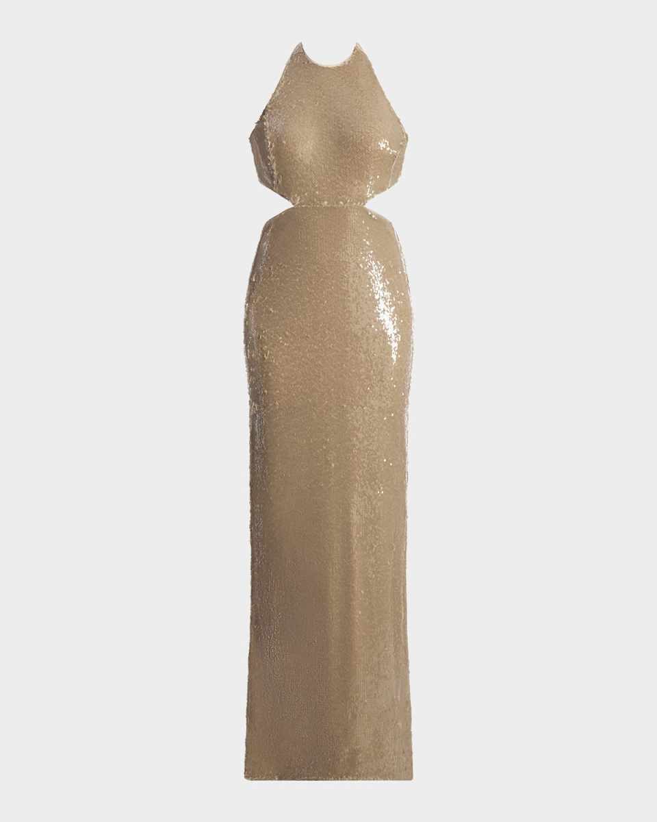 Cutout Sequin Halter Gown